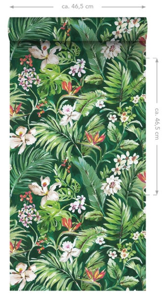 ESTAhome XXL-Vliestapete tropische Blätter und Blüten Emeraldgrün - 50 x 900 cm - 158893