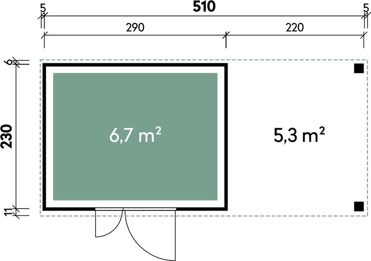 Grundriss einer Gartenhütte mit 6,7 Quadratmeter Innenraum und 5,3 Quadratmeter Veranda mit Maßangaben in Zentimetern.