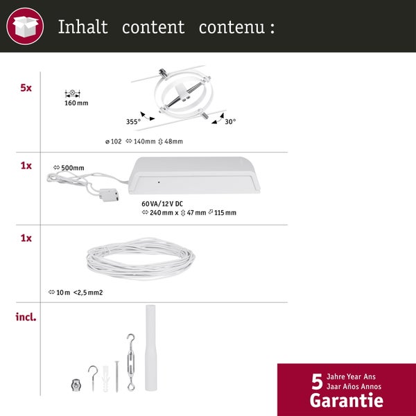 CorDuo Seilsystem Cardan Basisset GU5,3 max. 5x10W 230/12V Weiß matt, Chrom