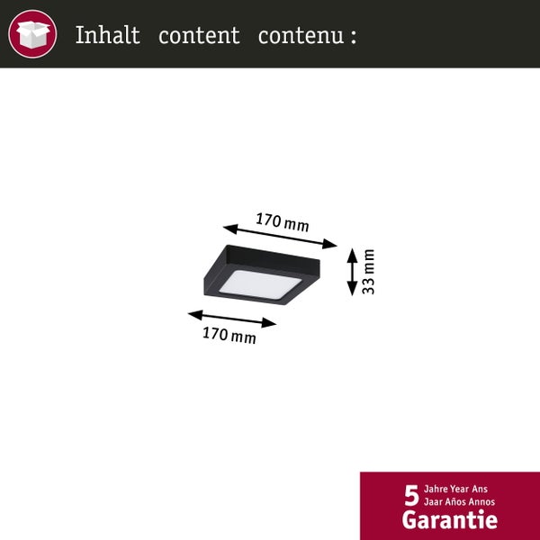 Abmessungen einer LED Deckenleuchte: 170 Millimeter mal 170 Millimeter mal 33 Millimeter. Fünf Jahre Garantie.