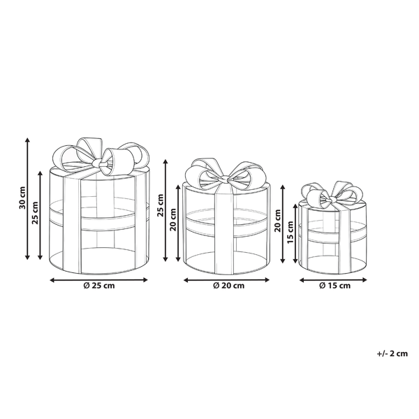 Dekorationsartikel im Geschenkbox-Design in drei Größen mit Maßangaben