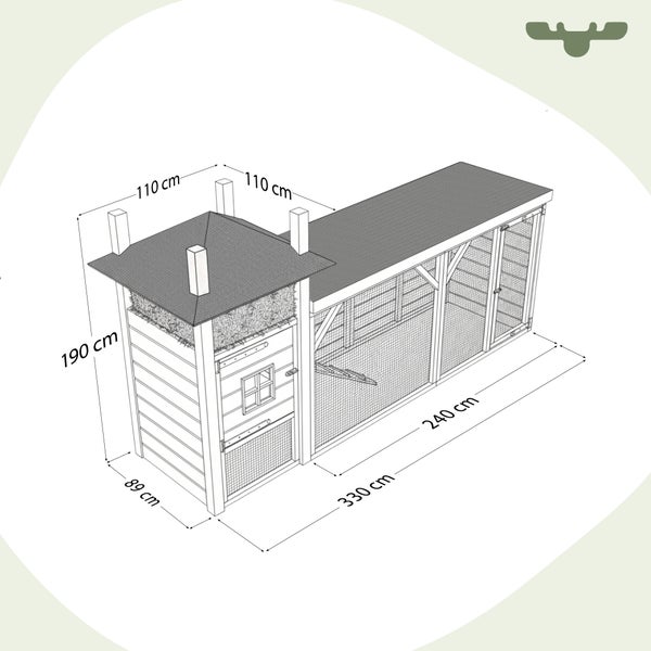 Abbildung eines Hühnerstalls mit den Maßen 330 mal 240 mal 190 Zentimeter.