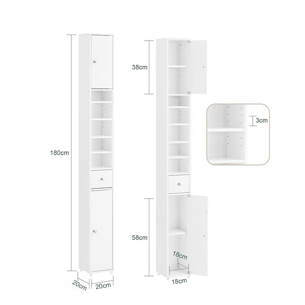 Badezimmerschrank mit Regalen, Schublade und Schranktüren mit Größenangaben