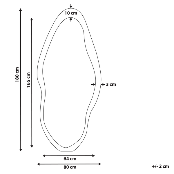 Skizze eines Asymmetrischen Spiegels mit den Maßen 180 mal 80 Zentimeter