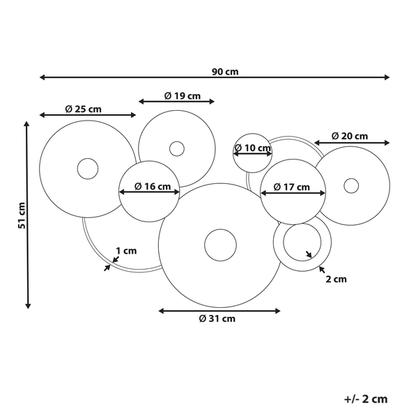 Maße einer Wanddekoration mit kreisförmigen Elementen