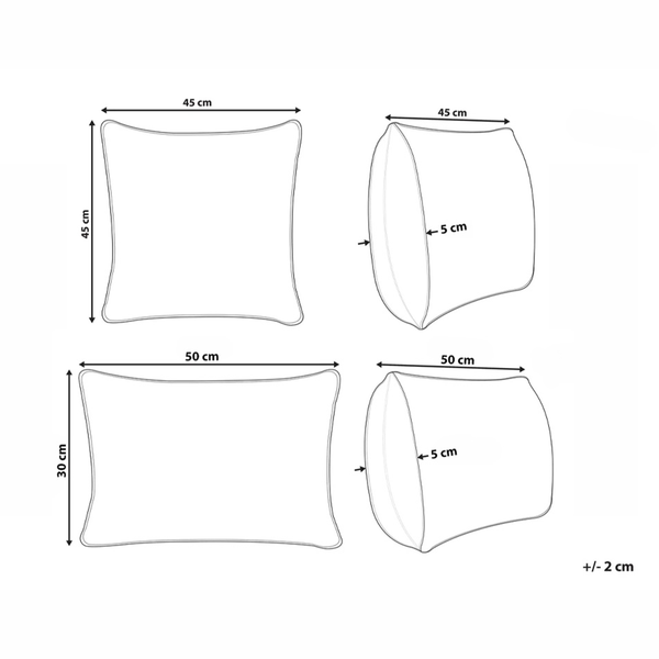 Abbildung mit Maßangaben von Kissen in zwei verschiedenen Größen: 45 mal 45 Zentimeter und 50 mal 30 Zentimeter.