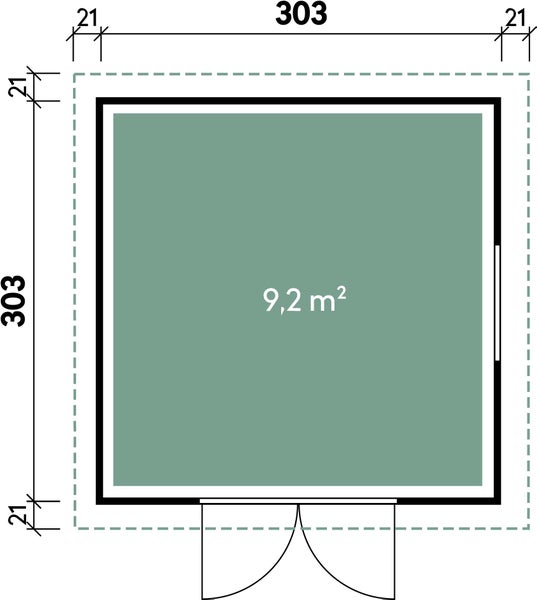 Grundriss eines Gartenhauses mit 9,2 Quadratmetern Fläche und Außenmaßen von 303 mal 303 Zentimetern inklusive Wandstärken.