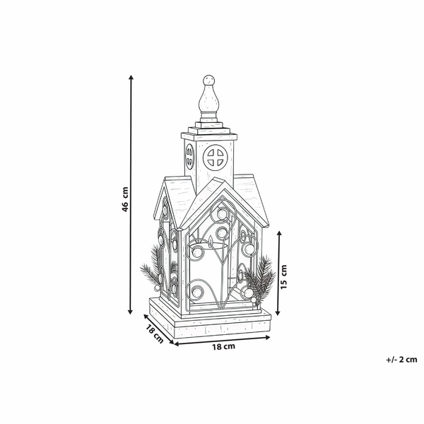 Dekorative Holz-Laterne in Kirchenform mit Kerze und Tannenzweigen als Weihnachtsschmuck.