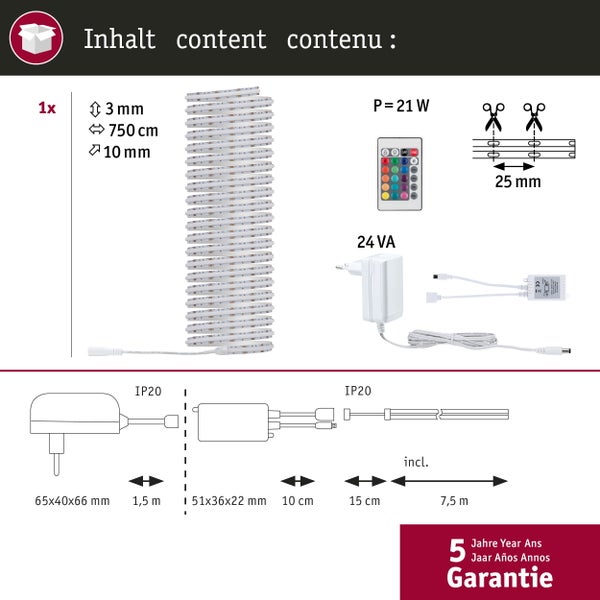 LED Streifen Spezifikationen mit Leistungsangaben, Maßen und Garantieinformationen