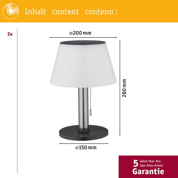 Set Solar LED Tischleuchte Lillesol 2er-Set IP44 3000K 2x45lm Edelstahl