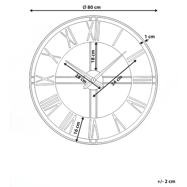 Maßzeichnung einer runden Wanduhr mit römischen Zahlen, Durchmesser 80 Zentimeter, Zeigerlängen 28 Zentimeter und 34 Zentimeter.