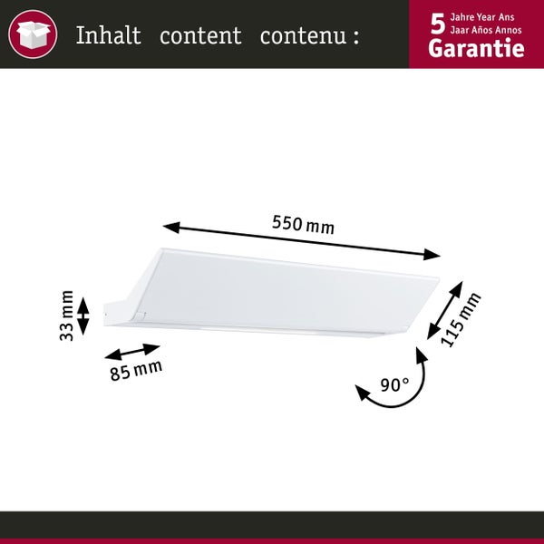 Technische Zeichnung eines Unterbauelements mit Maßangaben und fünf Jahren Garantie.