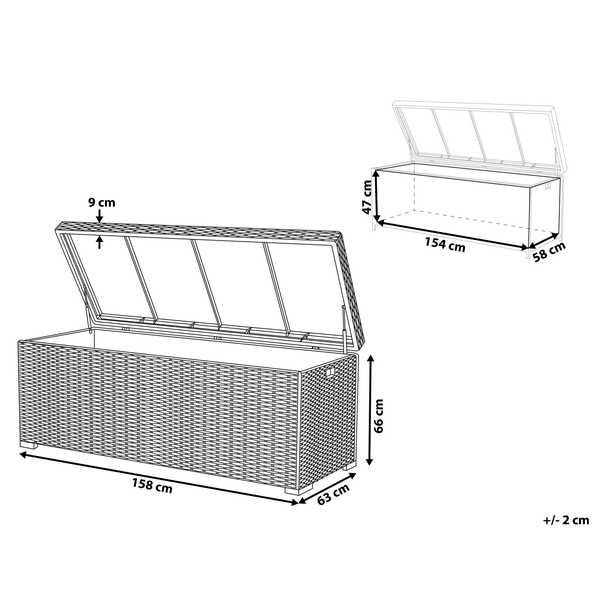 Garten-Auflagenbox mit Maßen: außen 158 mal 63 mal 66 Zentimeter, innen 154 mal 58 mal 47 Zentimeter, Deckeldicke 9 Zentimeter.