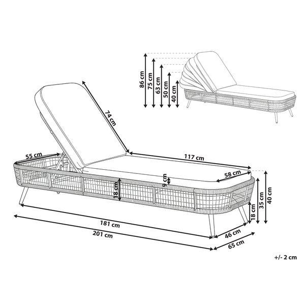 Technische Zeichnung einer Gartenliege mit Breiten-, Höhen- und Tiefenangaben.