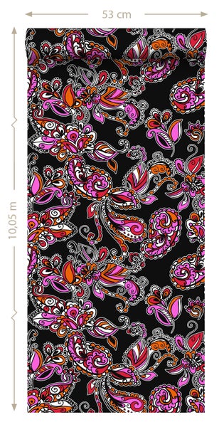 ESTAhome Tapete funky Blumen und Paisleys Schwarz und Rot - 53 cm x 10.05 m - 136842