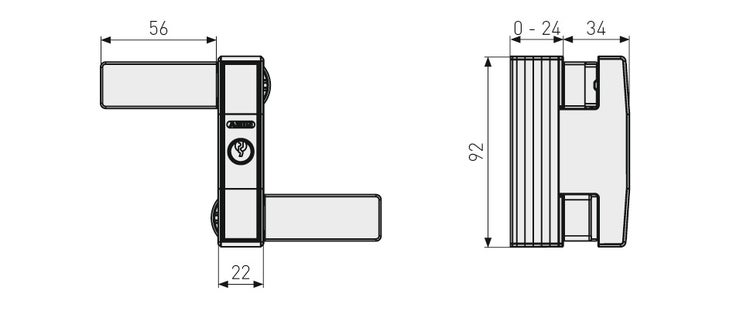 Maßzeichnung eines ABUS Fenstergriff-Schlosses mit Maßen in Millimetern 56, 22, 92, 0 bis 24 und 34.