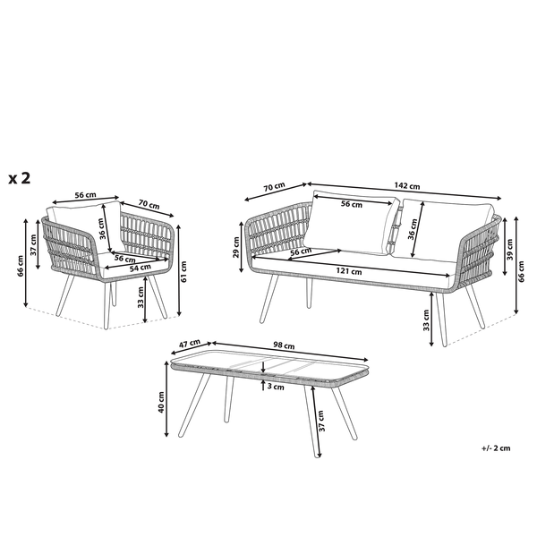 Abbildung eines Gartenmöbelsets mit Sofa, zwei Stühlen und Tisch, mit Maßangaben