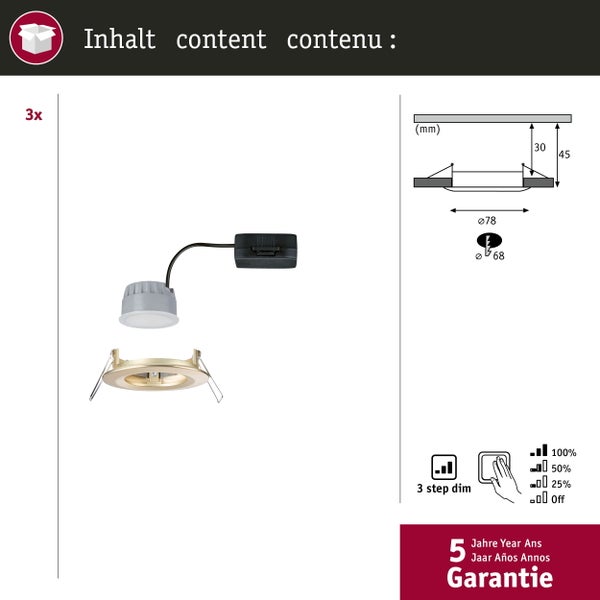 LED Einbauleuchte 3-Step-Dim Nova Coin Basisset starr IP44 rund 74mm Coin 3x6W 3x470lm 230V dimmbar 2700K Gold matt