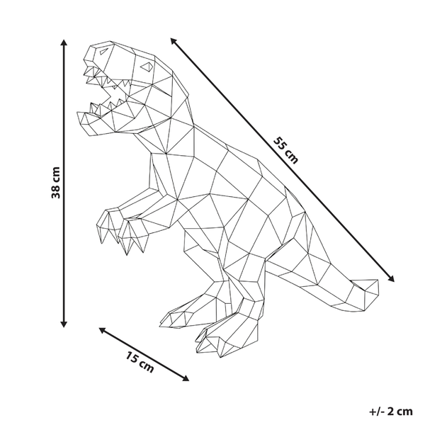 Abbildung einer Dinosaurierfigur mit Abmessungen: Höhe 38 cm, Länge 55 cm, Breite 15 cm