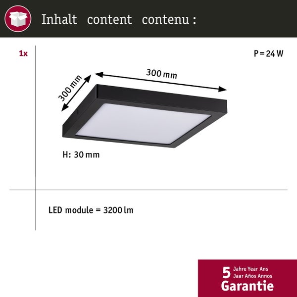 LED Panel Abia eckig 300x300mm 22W 2000lm 4000K Schwarz
