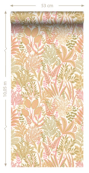 ESTAhome Tapete tropische Blätter und Blüten Grün und Rosa - 50 x 900 cm - 131665