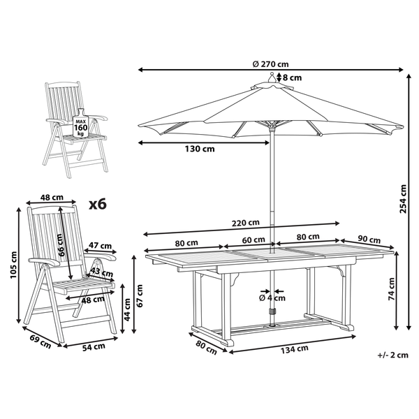 Gartenmöbel Set 6-Sitzer JAVA mit Schirm (12 Optionen) Akazienholz Hellbraun