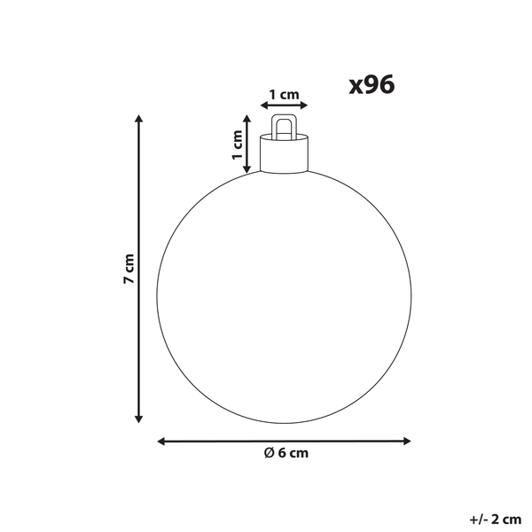 Größenangaben einer Weihnachtskugel mit 6 Zentimeter Durchmesser und 7 Zentimeter Höhe, 96er Pack