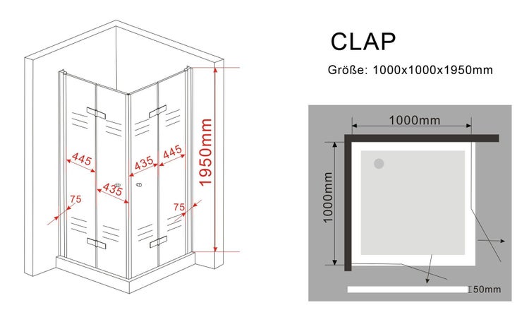 Technische Zeichnung einer Eckdusche mit Maßangaben