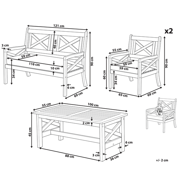 Skizze eines Gartenmöbelsets mit Bank, zwei Stühlen und Tisch mit Maßangaben