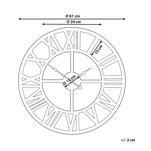 Abbildung einer Wanduhr mit den Maßen 61 cm Durchmesser außen und 34 cm Durchmesser innen