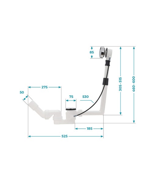 Ab- und Überlaufgarnitur für Badewannen mit Maßangaben in Millimetern.