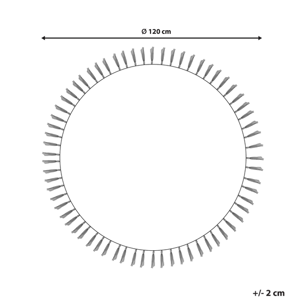 Runder Teppich mit Quasten, Durchmesser 120 Zentimeter, plus minus 2 Zentimeter Toleranz.