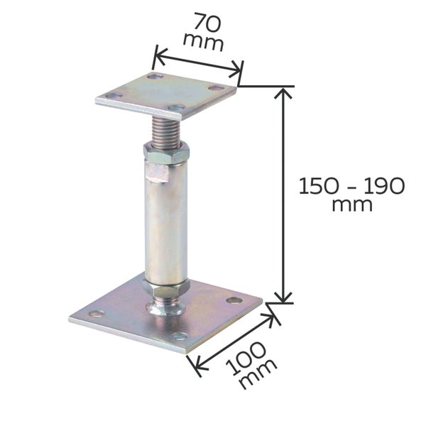 Stützenfuß verstellbar mit quadratischer Platte, Höhe 150 bis 190 Millimeter, Plattenmaß 70 mal 100 Millimeter aus verzinktem Stahl.
