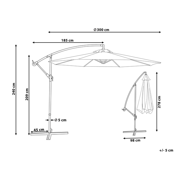 Maßzeichnung eines Ampelschirms: Durchmesser 300 Zentimeter, Gesamthöhe 240 Zentimeter, Durchgangshöhe 209 Zentimeter, Rohrdurchmesser 5 Zentimeter.