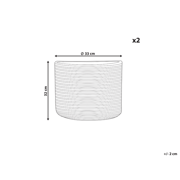 Abmessungen von zwei Pflanzgefäßen: Durchmesser 33 cm, Höhe 32 cm