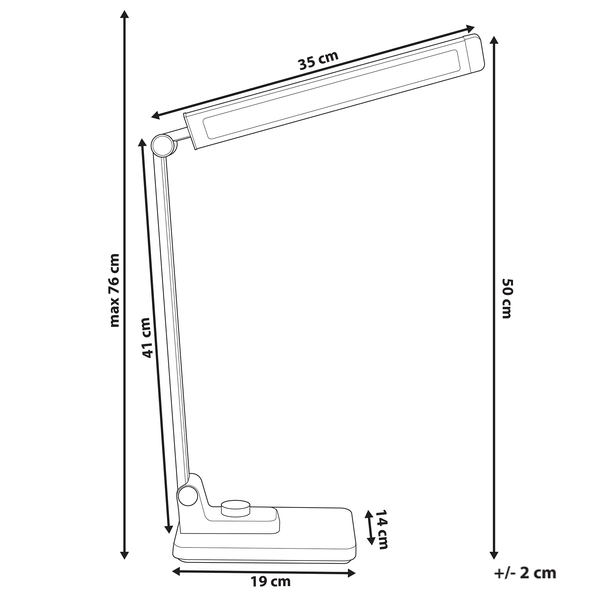 Technische Zeichnung einer Schreibtischleuchte mit Maßangaben