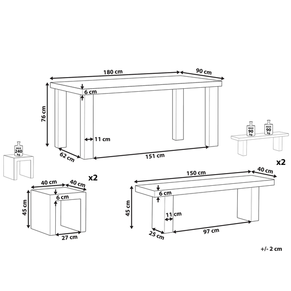 Gartenmöbel Set mit Bänken und Hockern 6-Sitzer TARANTO Beton Grau