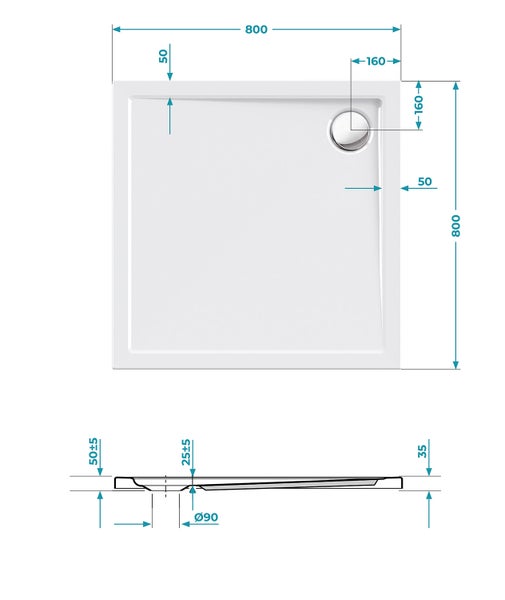 Calmwaters® Quadrat-Duschwanne Modern Select, eckige bodengleiche Brausewanne aus Acryl, 80 x 80 x 2,5 cm mit Ablaufloch in 90 mm, Duschtasse in Weiß, 01SL2983