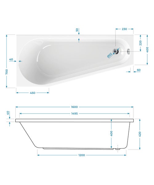 Technische Zeichnung einer Badewanne mit Maßen 1600 mal 700 Millimeter, asymmetrische Form, Angabe von Tiefe und Abflussposition.