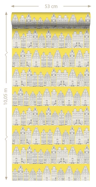 ESTAhome Tapete Amsterdamer Grachtenhäuser Gelb - 53 cm x 10.05 m - 137712