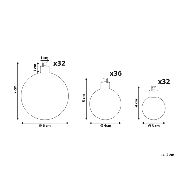 Abmessungen von Weihnachtskugeln: Durchmesser 6 cm, 4 cm und 3 cm