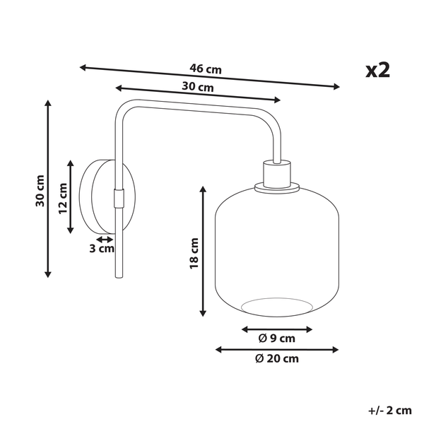 Abbildung mit Maßangaben zu einer Wandleuchte, Doppelpack