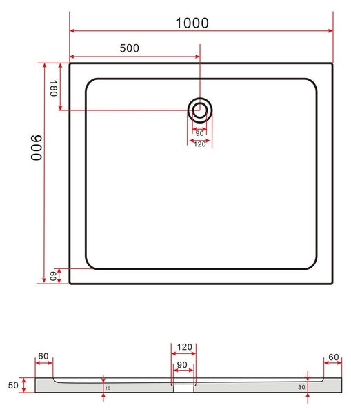 Technische Zeichnung einer Duschwanne mit Maßangaben