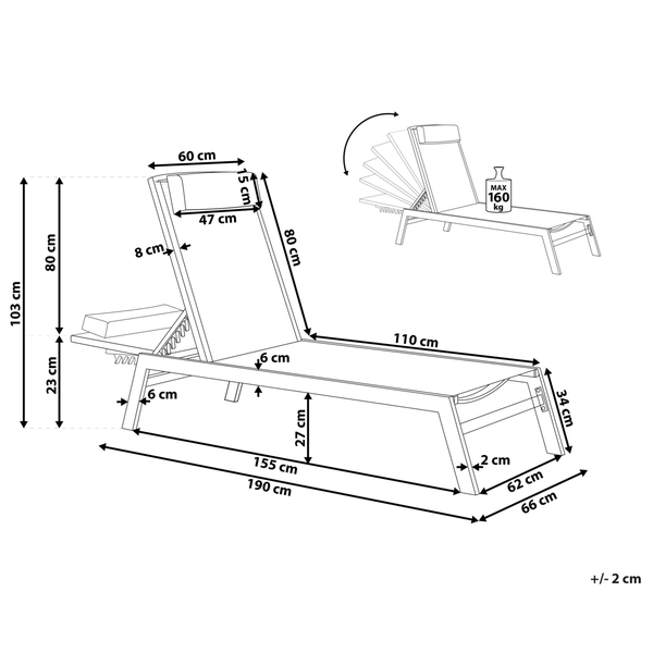 Technische Zeichnung einer Gartenliege mit Maßangaben
