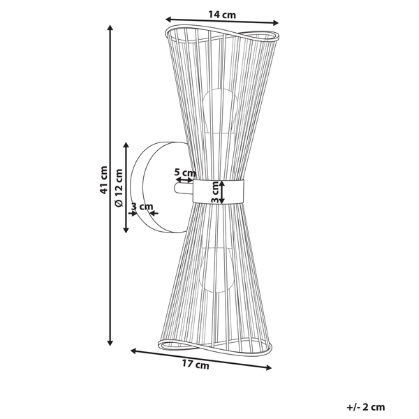 Technische Zeichnung einer Wandleuchte mit den Maßen 41 cm Höhe, 14 cm Breite und 17 cm Tiefe.