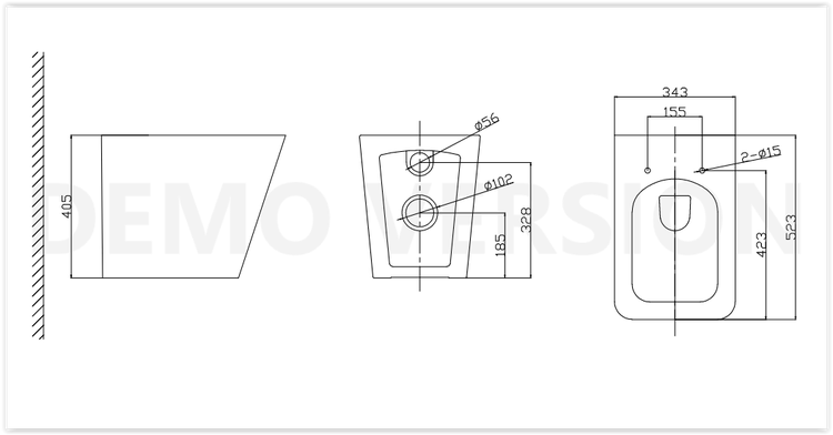 Technische Zeichnung eines wandhängenden WCs mit Maßangaben