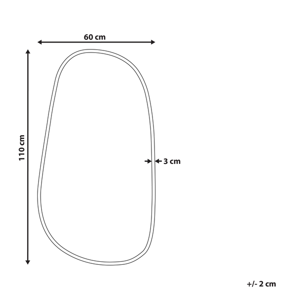 Maßskizze eines asymmetrischen Spiegels: Höhe 110 Zentimeter, Breite 60 Zentimeter, Rahmen 3 Zentimeter, Toleranz plus minus 2 Zentimeter.