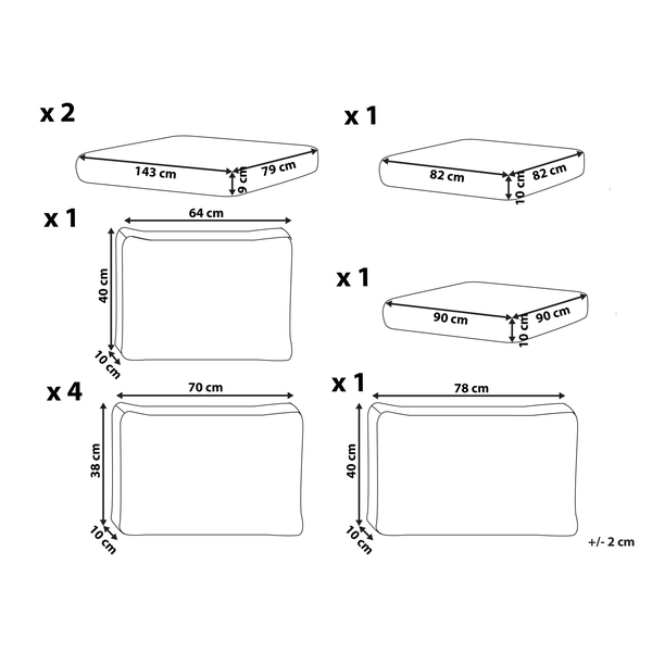Abbildung der Maße verschiedener Kissenelemente