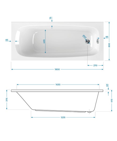 Maßzeichnung einer rechteckigen Badewanne mit Ansichten von oben und von der Seite, Maße 1800 mal 800 Millimeter.