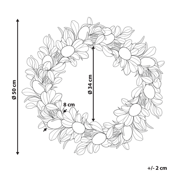 Illustration eines Dekokranzes mit den Maßen circa 50 Zentimeter Außendurchmesser, 34 Zentimeter Innendurchmesser und 8 Zentimeter Tiefe